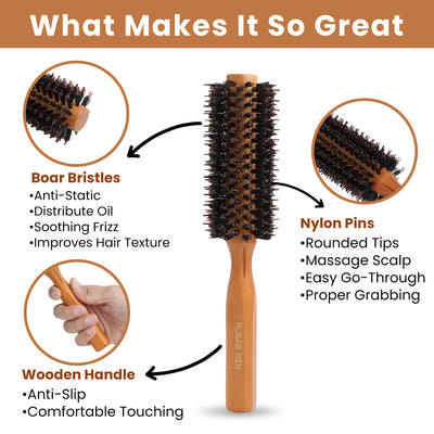 Natural Bristle Round Hair Brush Roller Comb For Men & Women| Well Blanced Wooden Handle & Superior Brisles for Hairstyling, Blow Dry, Add Volume, Curling or Straightening of Hairs of All Lengths