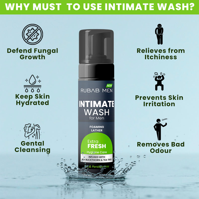 Intimate Foam Wash for Men|150ml| Prevents Itching, Irritation & Bad Odour | pH Balanced with Goodness of Sea Buckthorn & Tea Tree Extracts for Anti-Fungal & Healing Benefits