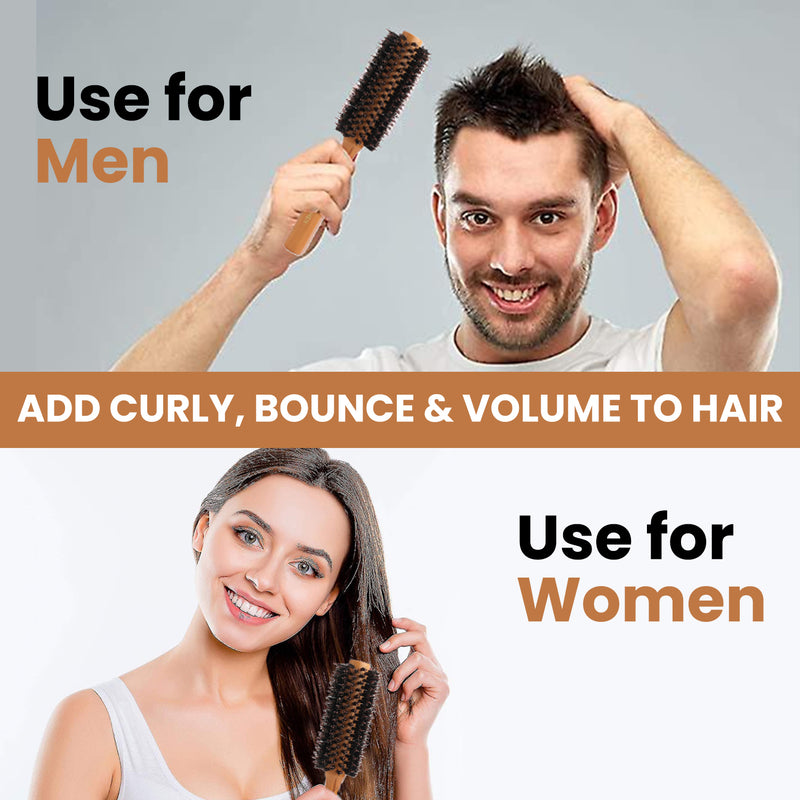 Natural Bristle Round Hair Brush Roller Comb For Men & Women| Well Blanced Wooden Handle & Superior Brisles for Hairstyling, Blow Dry, Add Volume, Curling or Straightening of Hairs of All Lengths