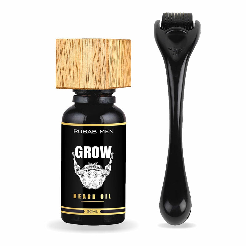 Advance beard growth kit for men. Contains 0.5mm Beard Derma Roller & Vitamin E infused Growth Oil for Patchy to Faster & Thicker Beard