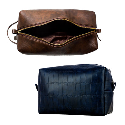 Toiletry Kit Bag (Pack of 2)| Stylish, Spacious & Vegan Leather Travel Kit Pouch | Navy & Tan Shade