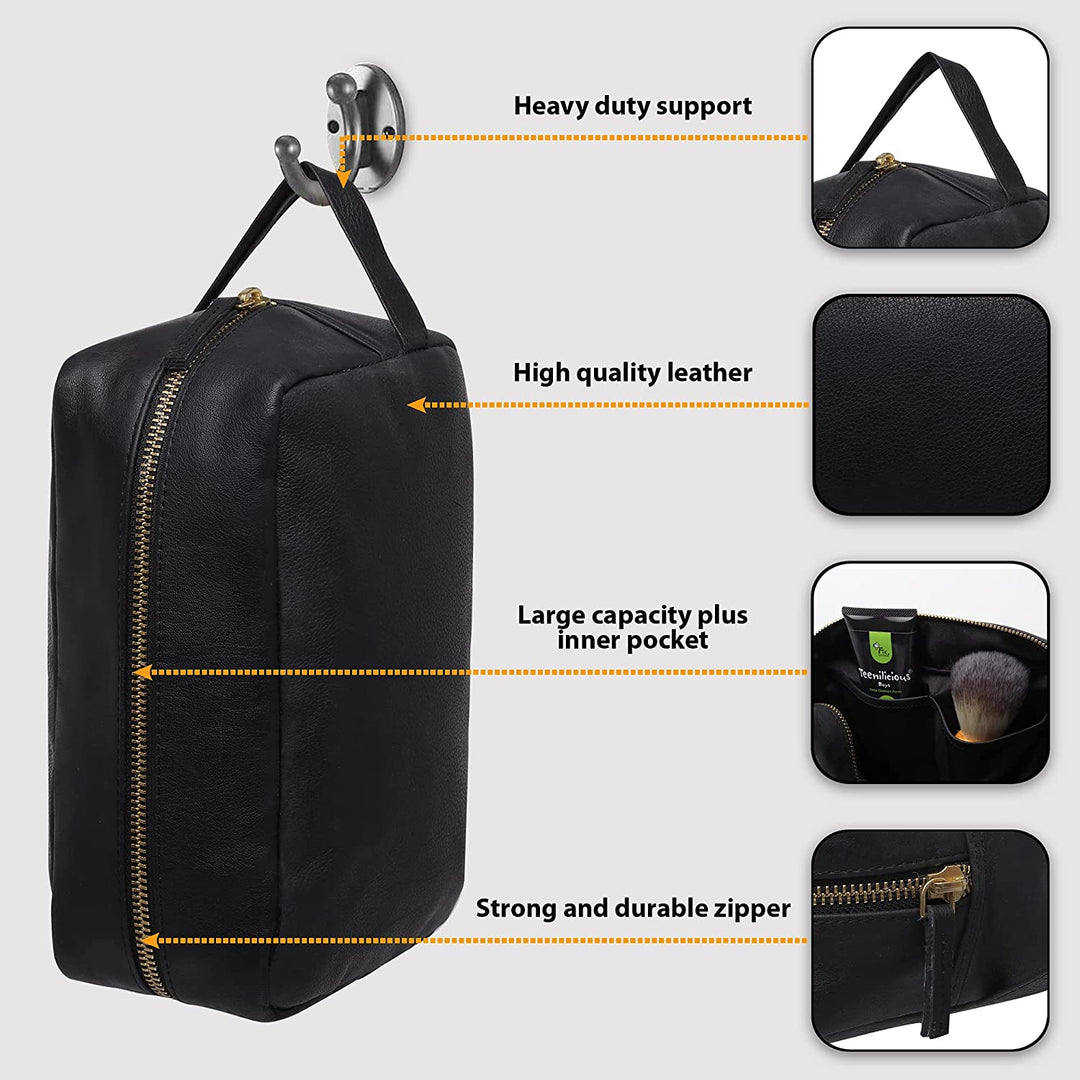 Genuine Leather Toiletry Travel Pouch - Black