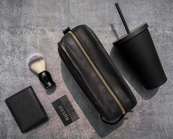 Genuine Leather Toiletry Travel Pouch - Black