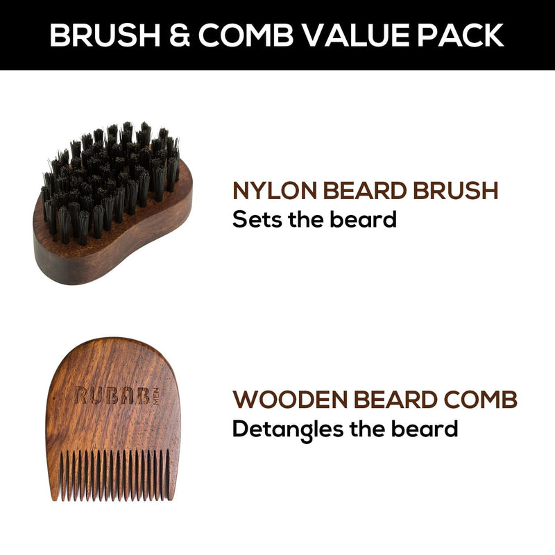 Nylon Bristle Beard Brush & Wooden Beard Comb Kit of 2 for Daily Care